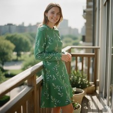 LOFT Women's Green Floral Print Long Sleeve A Line Dress - Size 6