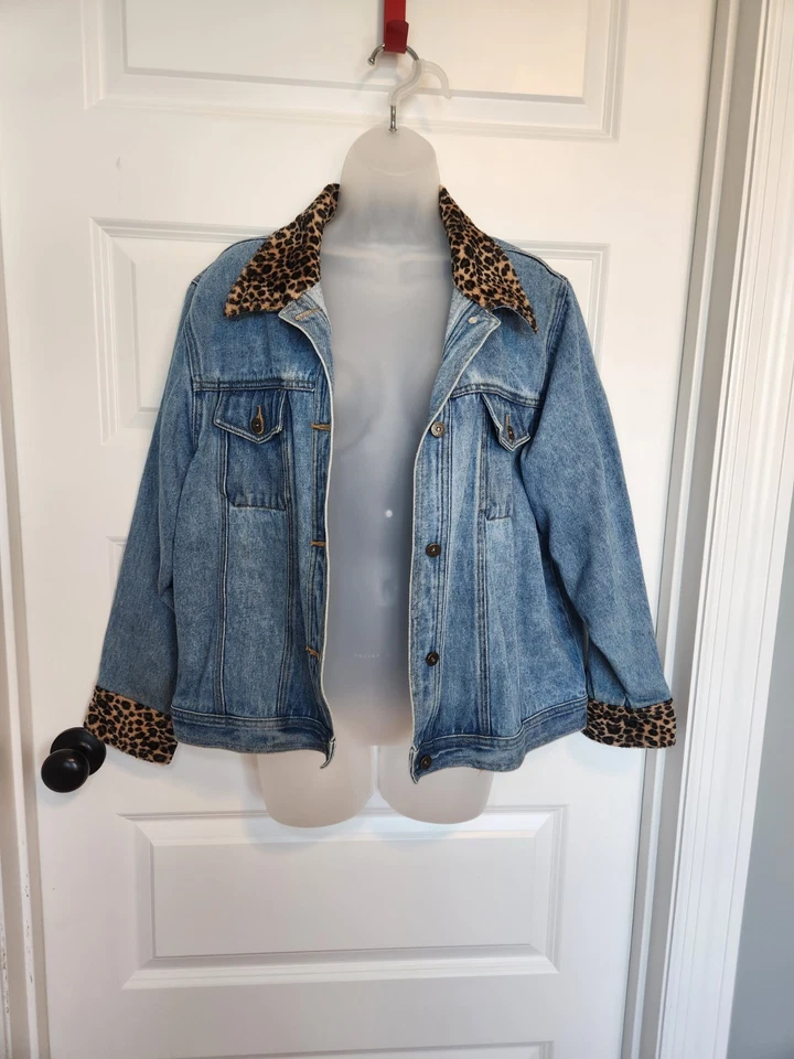 Chaqueta Jean De Colección L.A. Azul Años 90 Y2k Leopardo Guepardo Estampado Animal Borde 100% Algodón Foto 2 de 4
