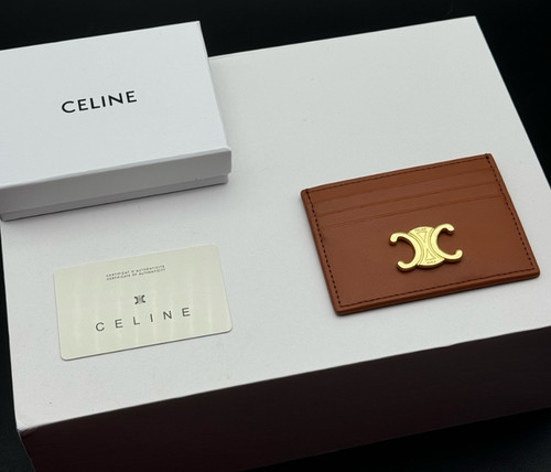 CELINE Triomphe Card Holder Brown Calfskin Leather Gold Logo 10.5cm New