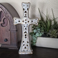 Decorative Ceramic Cross with Cutout Filigree Design 12"H, White & Gold Accent