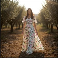 Mac Duggal Floral Print Faux Wrap Flutter Sleeve A-Line Gown Multicolor 12 NWT