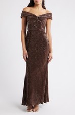 New Eliza J Sequin Twist Off the Shoulder Gown In Chocolate Size 10 $248