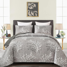 Grey Quilt Set King Size - Branch Botanical Pattern Bedspread Coverlet Set, 3 Pi