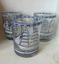 Vtg Georges Briard Set of 3 Double Old Fashioned Glasses Sailing Ships NEW COND