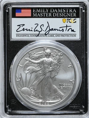 2022 $1 Silver Eagle PCGS Grade MS 70 First Day Issue Emily Damstra Flag - Image 1 of 2