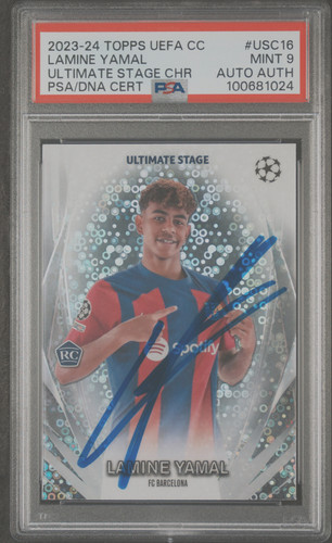 2023-24 Topps UEFA CC #USC16 Lamine Yamal Ultimate Stage RC PSA MINT 9 Auto Auth
