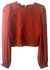 Aritzia Wilfred Tempest Blouse Warm Sienna Size L smocked bodice sheer sleeve B9