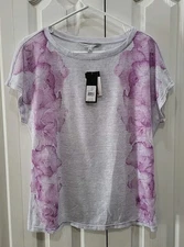 L Adrienne Vittadini Lightweight Knit Gauzy Grey Purple Combo Floral NWT T Shirt