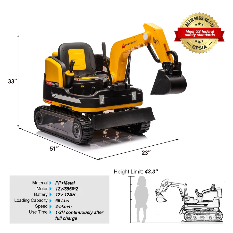 JOYLDIAS Yellow 12V12AH Battery Kids Ride On Excavator Bulldozer 360° w/ Remote - Image 4 of 4