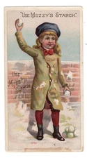 Victorian Trade Card-Muzzy's Starch-Elkhart, IN-Boy in Snowball Fight