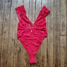 Vintage 80s Lace Red Teddy Made In USA Size Medium Stretch Lingerie Bodysuit