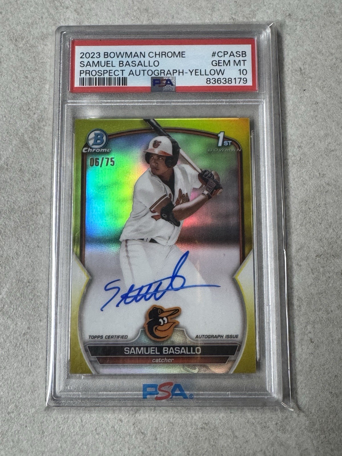 Samuel Basallo 1st 2023 Bowman Chrome Autographs #CPA-SB Yellow Refractor /75