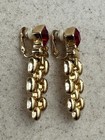 Vintage Swarovski Gold Tone Garnet Earrings Dangle Watch Chain Link Clip-on — photo 3