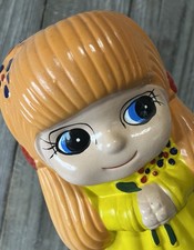 Vintage 1960s Flower Power Girl Coin Bank Hippie Decor Ceramic Retro