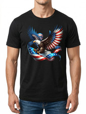 Men's Patriotic Bald Eagle Graphic T-Shirt - American Flag Design, Black Cotton