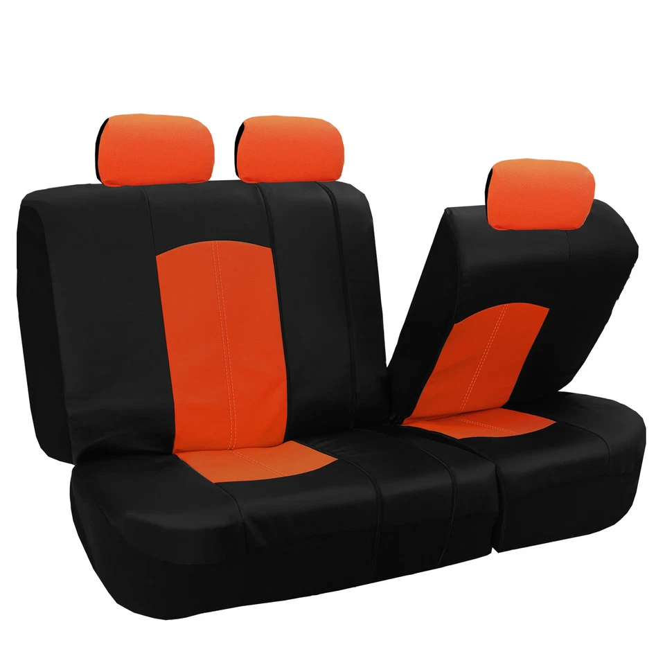 Juego de funda de asiento de coche de cuero PU negro naranja reposacabezas juego de alfombrillas Foto 4 de 4