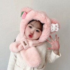 Cartoon Bear Ear Winter Baby Hat Scarf Plush One-Piece Beanies Cap