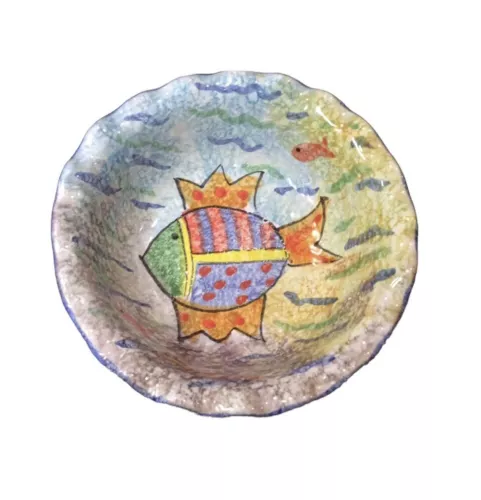 Vintage Italica Ars Fish Ceramic Bowl Hand Painted Italian Art Pottery Ruffled