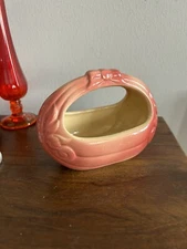 Vtg Pottery Basket With Bow McCoy Pink Airbrushed Glaze Pottery Planter Or Vase