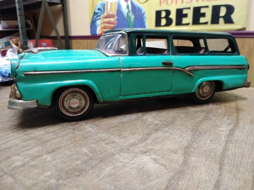Vtg 1960's Bandai Tin Toy Ford Station Wagon Friction Motor Green 12" Working!