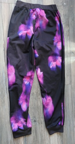Youth Girls Adidas Sweat Pants Joggers Black Purple Size Large 14 Floral - Picture 2 of 3