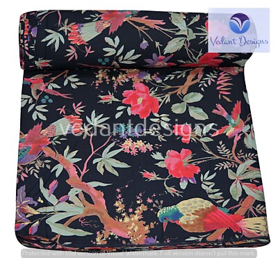 Pure Cotton Fabric Indian Sewing Craft Black Bird Print Material 5 Yard