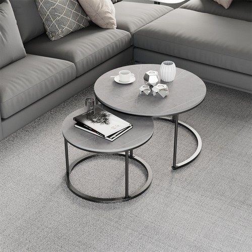 Double Nested Coffee Table Set Marble Effect Nesting Sofa Side Table Living Room - Picture 4 of 14