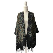 Soft Surroundings Shawl Poncho Wrap New Straits Times Paisley Fringe Black NEW