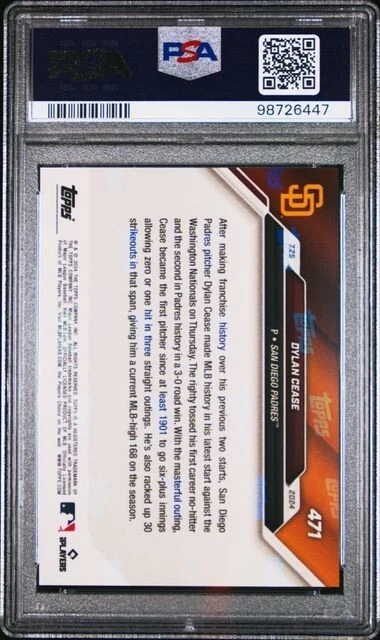 2024 Topps Now No-Hitter #471 Dylan Cease San Diego Padres PR-5672 PSA 10 - Image 2 of 2
