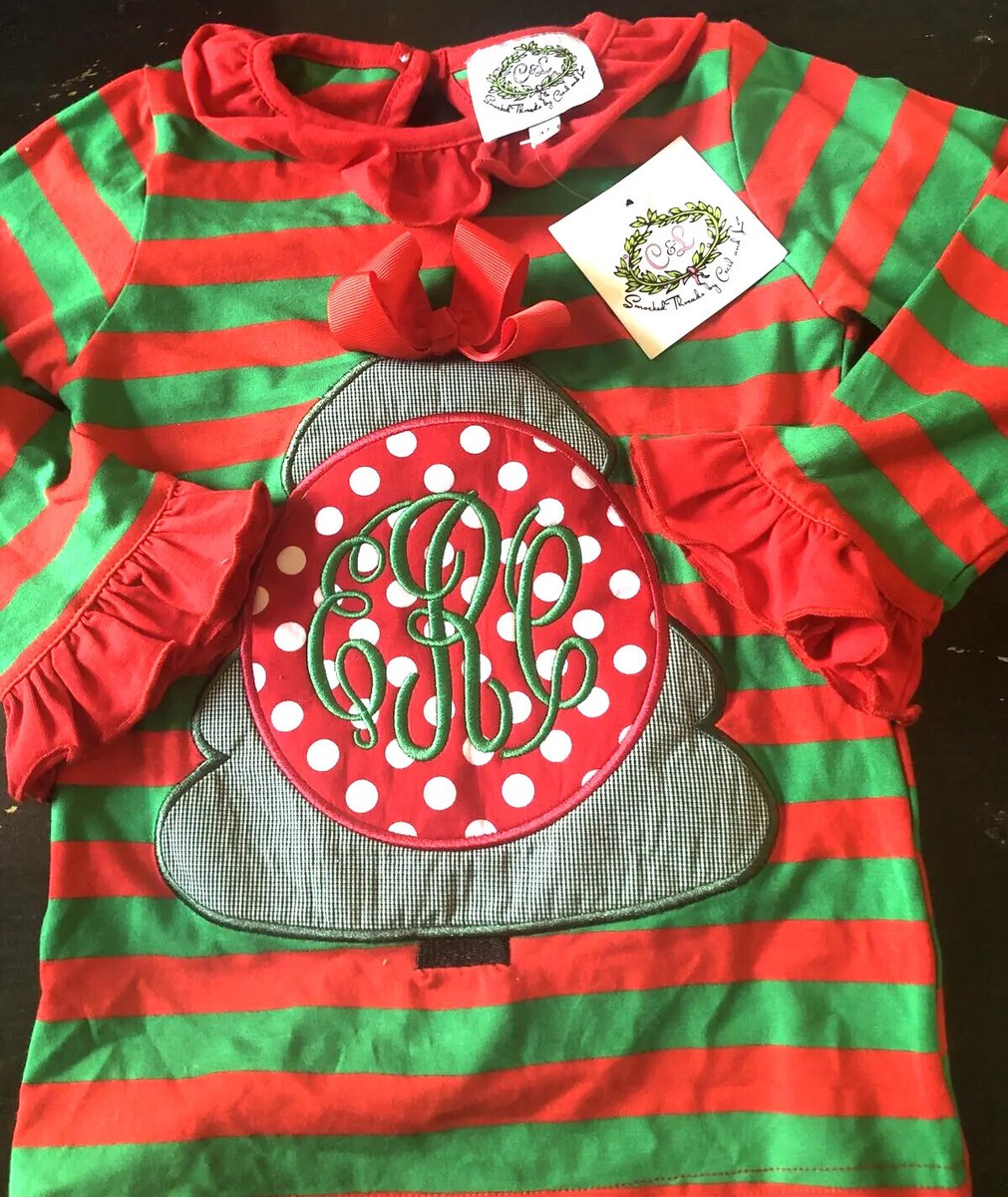 Smocked threads cecil and lou shirt girls christms tree ERC monogram 4t new  | eBay