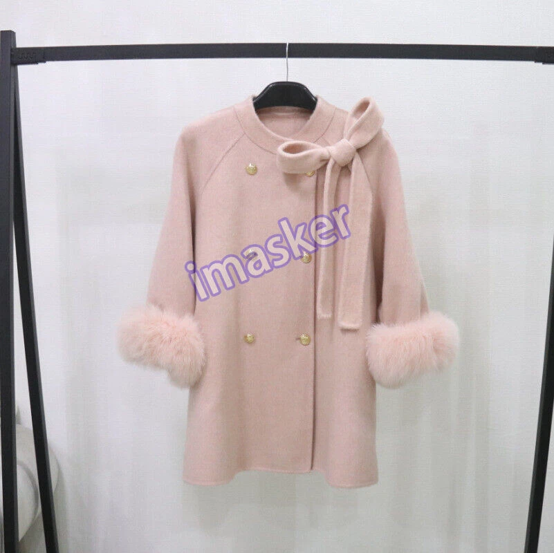 OFF WHITE Cappotto trench donna medio lungo soprabito double face lana petto vera pelliccia di volpe polsino