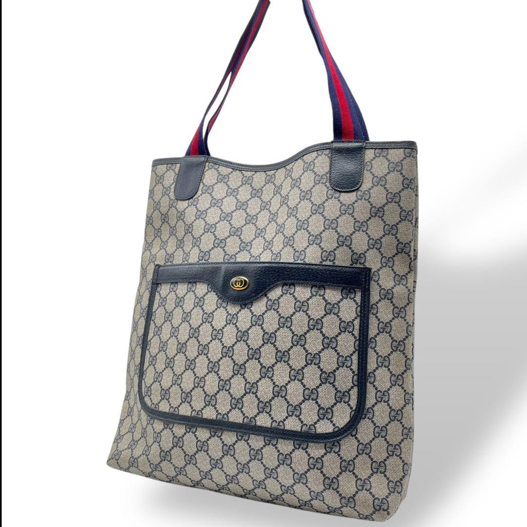 Excellent Condition Old Gucci A4 Tote Bag Shelley Line GG Supreme Navy