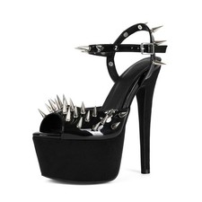 Sexy Women's Club Buckle Shoes Studded Black Platform Stiletto High Heel Sandals