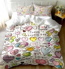 Cute Heart Duvet Cover Set Queen Size,Love You Heart Printed Bedding Duvet Co...