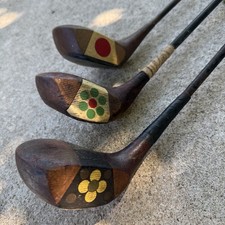 Antique 1930s Fancy Face Wood Golf Clubs 3pc Decorative / Collector Display Lot