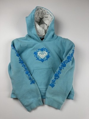Roxy Girls Hoodie Medium Blue Floral Sleeve Pullover Surf Sweatshirt