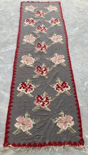 Vintage Traditional Handmade Turkish Floral Kilim Floor Rug Carpet 245x74 cm