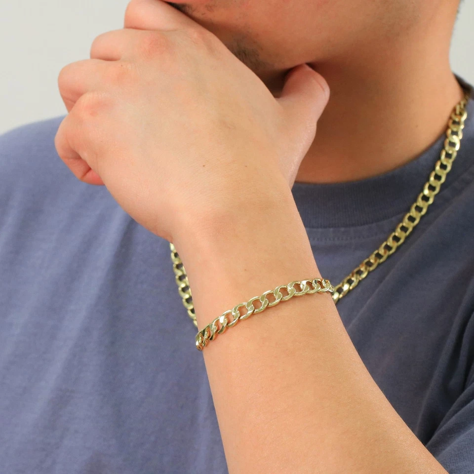 14K Oro Amarillo 7.5mm Cubano Eslabón Pulsera de Cadena Hombre Mujer 17.8cm - Imagen 3 de 4