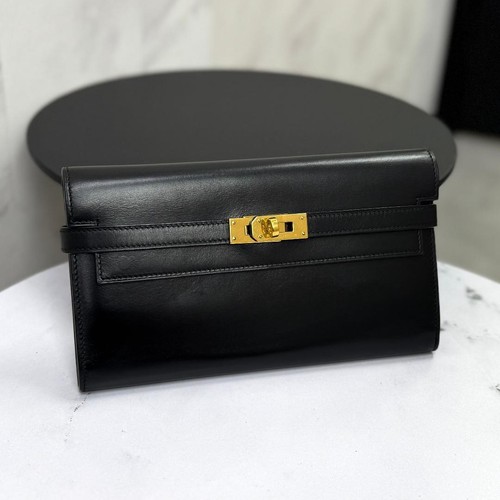Hermes Kelly Wallet Box Calf Black Gold Hardware Used