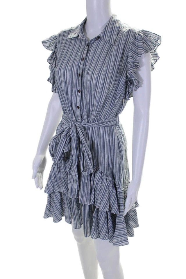 Rebecca Taylor Womens Cotton Striped Print Ruffled Hem Tiered Dress Blue Size 4 - Image 2 of 4