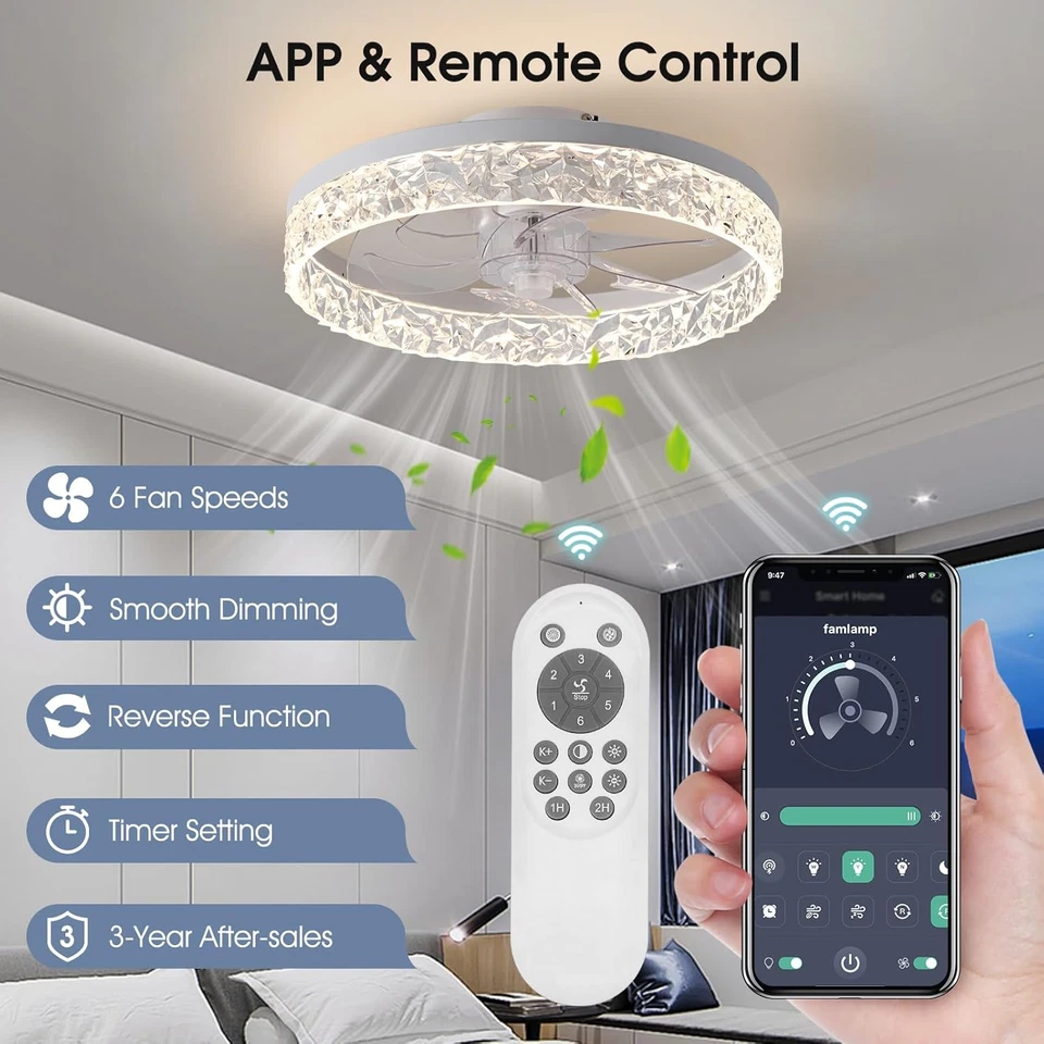 Flush Mount Ceiling Fan with Light, 15.7" Reversible, Dimmable, Noiseless, Small - Image 3 of 4