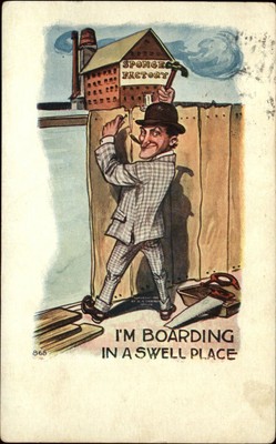 Pun comic Sponge Factory ~ Boarding In a Swell Place ~ carpenter tools c1910
