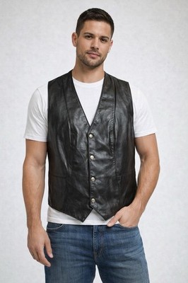 Vintage WILSONS Leather Experts black snap button biker vest men L 