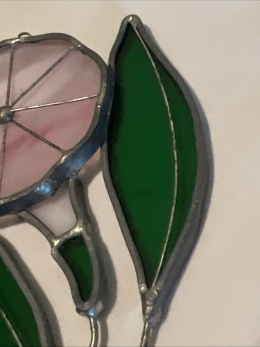 Stained Glass Morning Glory Pink Slag Glass Flower Window Sun Catcher - Picture 4 of 11