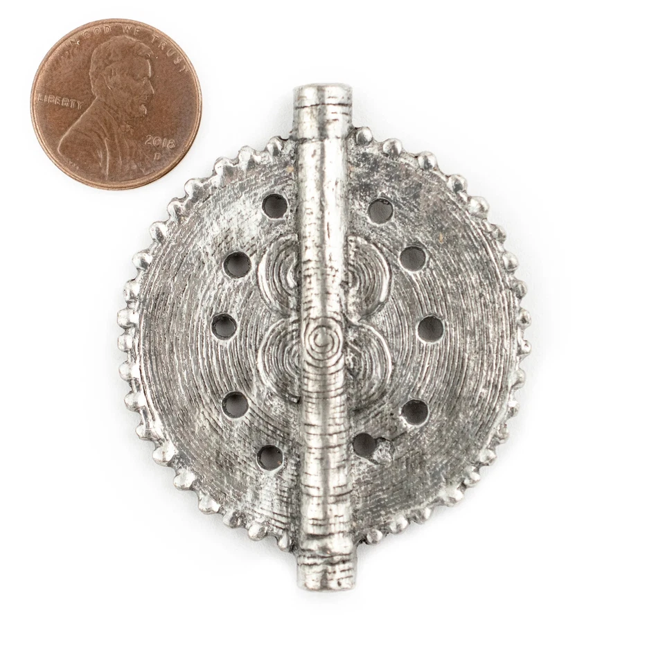 Silver Sun Dotted Baule Pendant Bead 55x45mm Ivory Coast African Flat Large Hole - Image 2 of 4