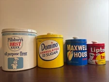 VTG J.L. Clark Metal Tin Canister Set Pillsbury, Domino, Maxwell, Lipton w/lids