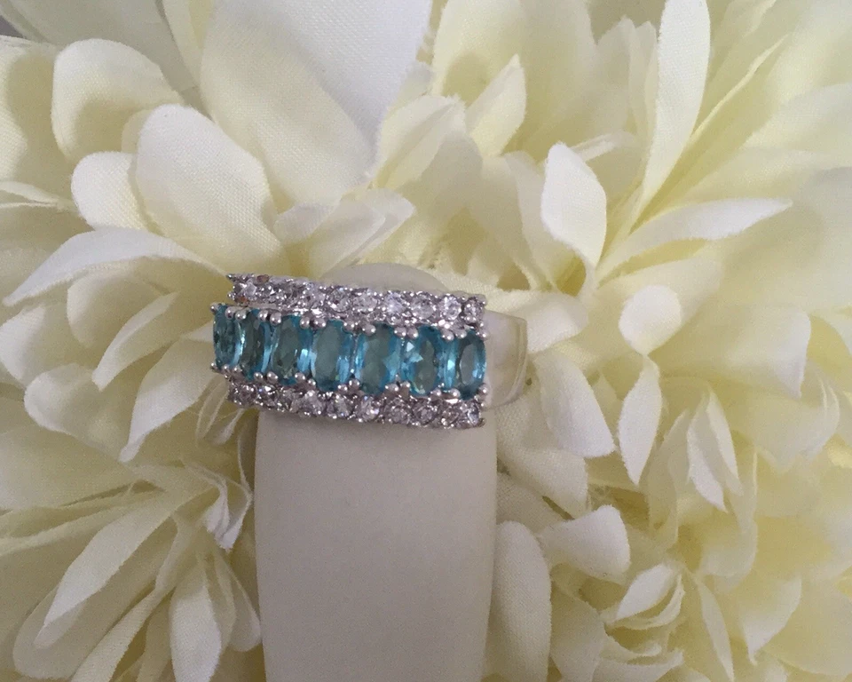 Joyería Vintage Anillo Oro Topacio Azul Zafiros Blancos Joyería Antigua Deco 8 Q Foto 2 de 4