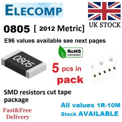 0805 PRÄZISIONSWIDERSTÄNDE 1% E96 Werte 127K-10,5M 5 Stück/Pack UK Lagerbestand
