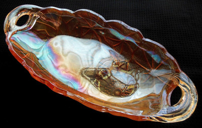 Indiana Glass Yellow Gold Carnival Lily Pons Pickle Dish Handled Oval Bowl