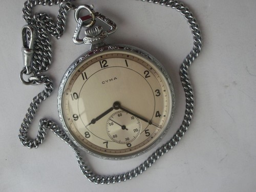 Cyma swiss art deco new old stock mechanicak two tone dial vintage pocket watch